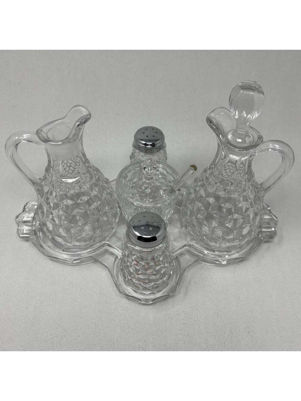 Fostoria American Condiment Tray 6-Piece Set 2056 Cloverleaf Cruets S&P Mustard
